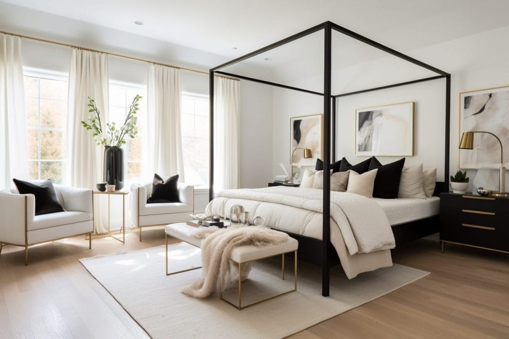 Neutral bedroom ideas with strong accents in a design by Decorilla