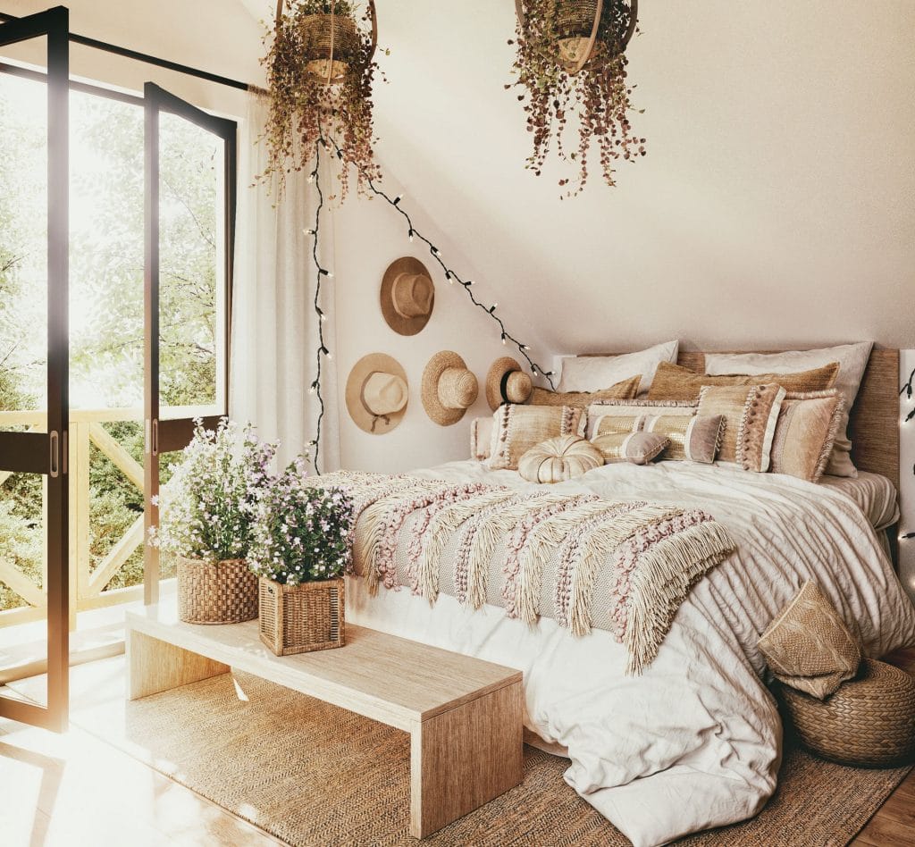 Neutral boho bedroom design ideas by Decorilla designer Rehan A