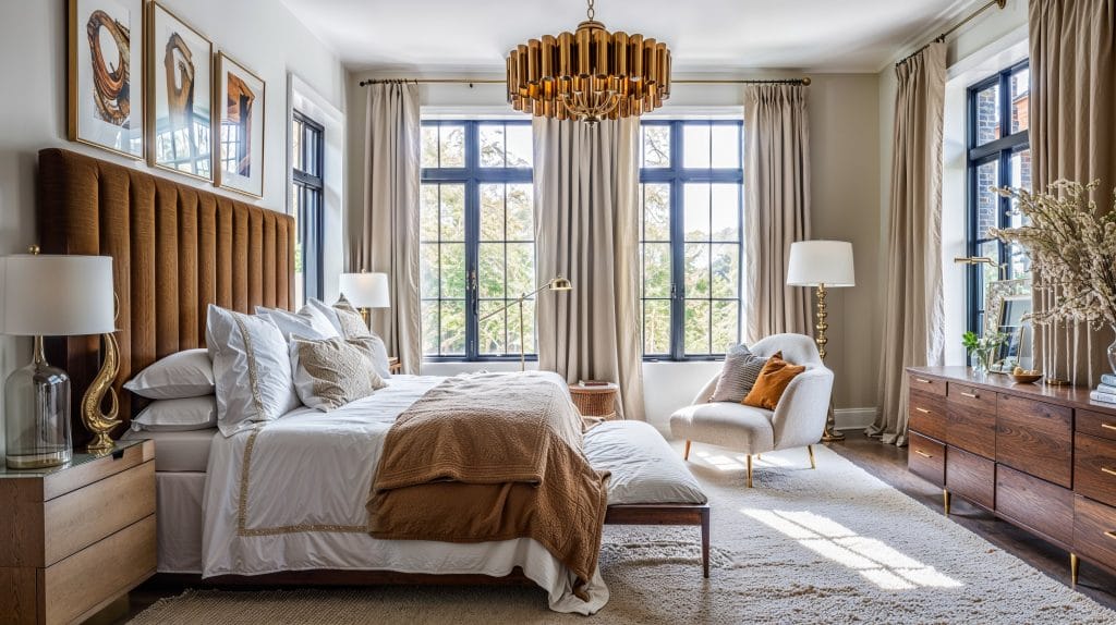 Warm neutral bedroom colors and soft lighting in a layout by Decorilla