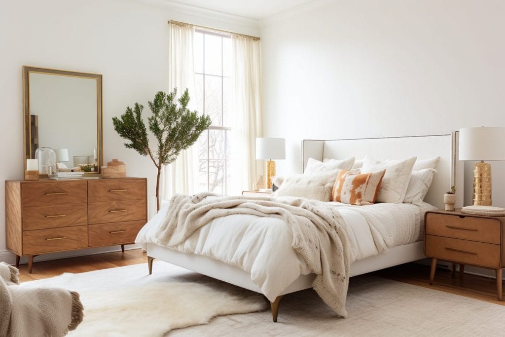 Neutral bedroom paint colors pair seamlessly with understated decor in this space by Decorilla