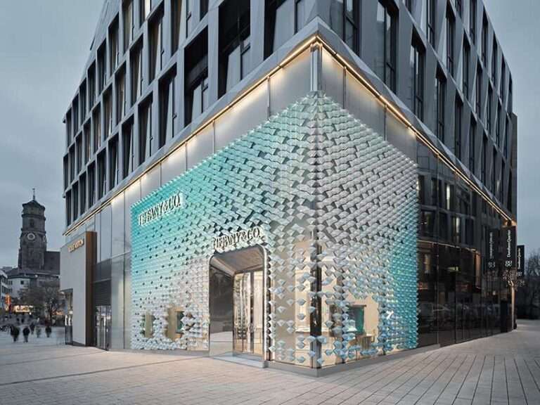 MVRDV drapes tiffany & co. stuttgart in facade of iridescent ceramic diamonds