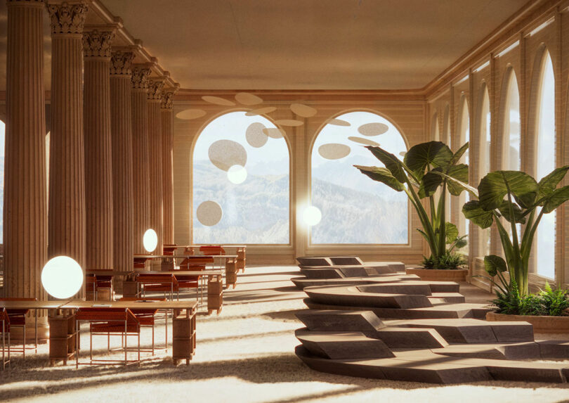 Spacious room with large arched windows, columns, and modern seating. Sunlight streams in, illuminating indoor plants and unique circular light fixtures