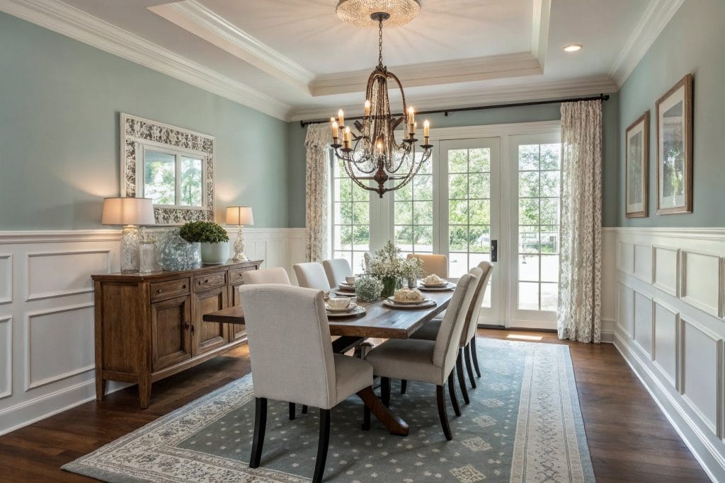 Transitional dining room with chair rail molding ideas by DECORILLA