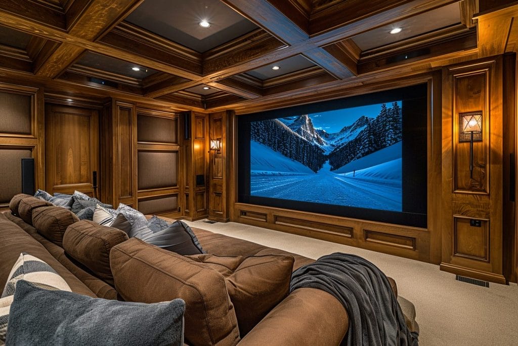 Modern home theater with coffered wood trim accent walls by DECORILLA