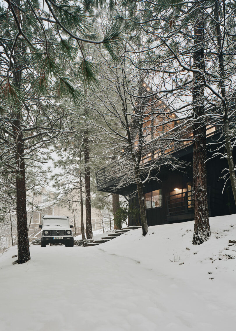 A cabin surrounded by snow-covered trees with a parked vehicle nearby during winter.