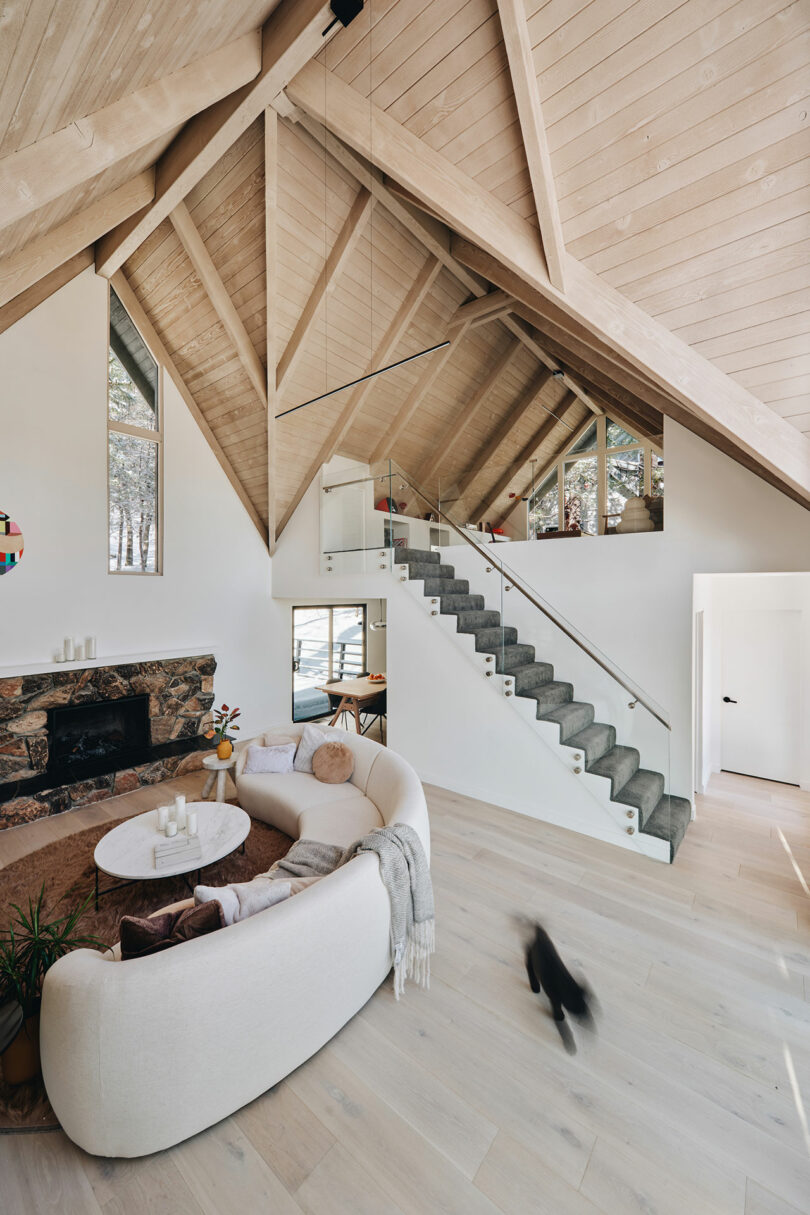 Modern living room with high wooden ceiling, stone fireplace, and a white curved sofa. A black dog is walking across the light wooden floor near a staircase leading to a loft area.