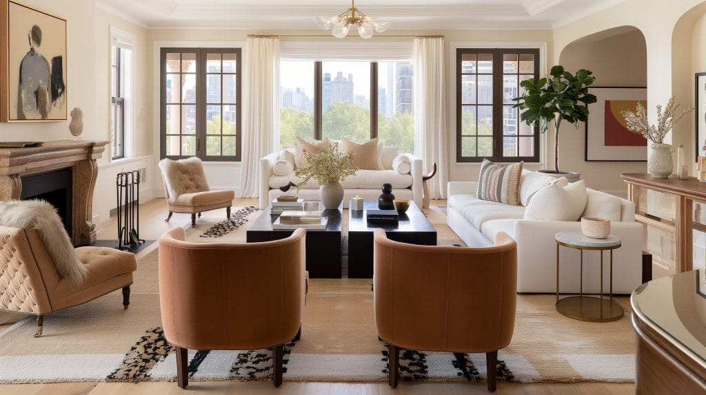 Glamorous living room with Mocha Mousse accent chairs by DECORILLA