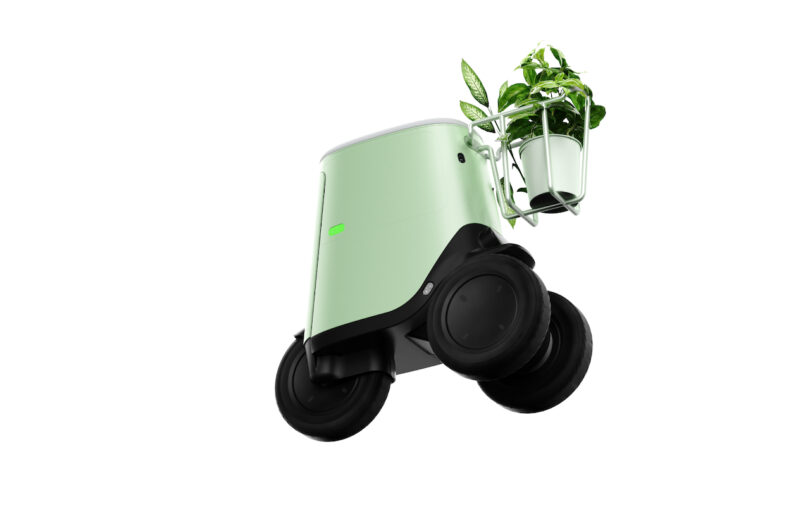 A green delivery robot with two wheels carries a potted plant on a metal holder, isolated on a white background