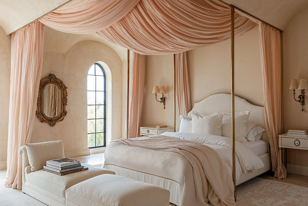 Glamorous bedroom walls painted in Malabar Sherwin Williams color of the year by DECORILLA