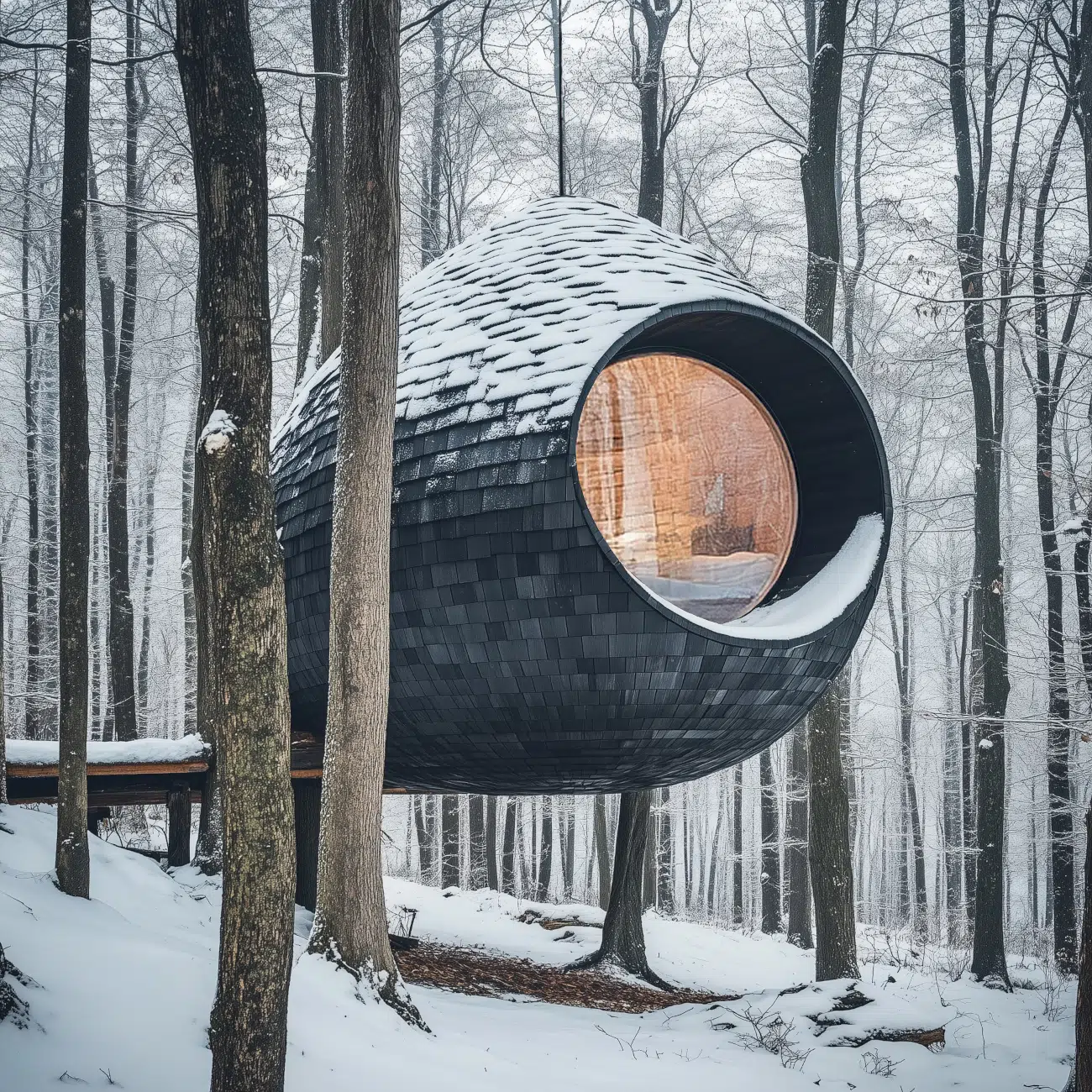 Burl Treehouse perched in a wintery forest