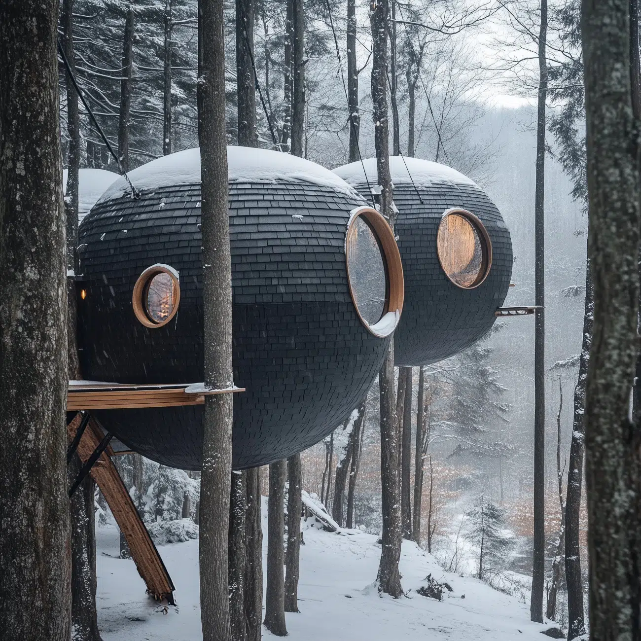 Burl Treehouse perched in a wintery forest