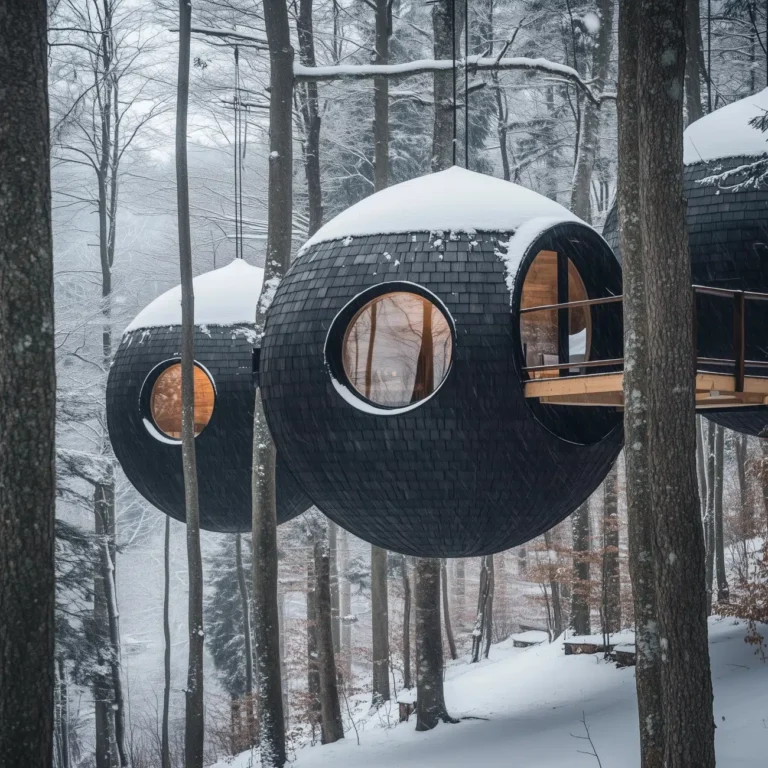 Shingled Spherical Treehouses Offer a Dreamy Winter Getaway