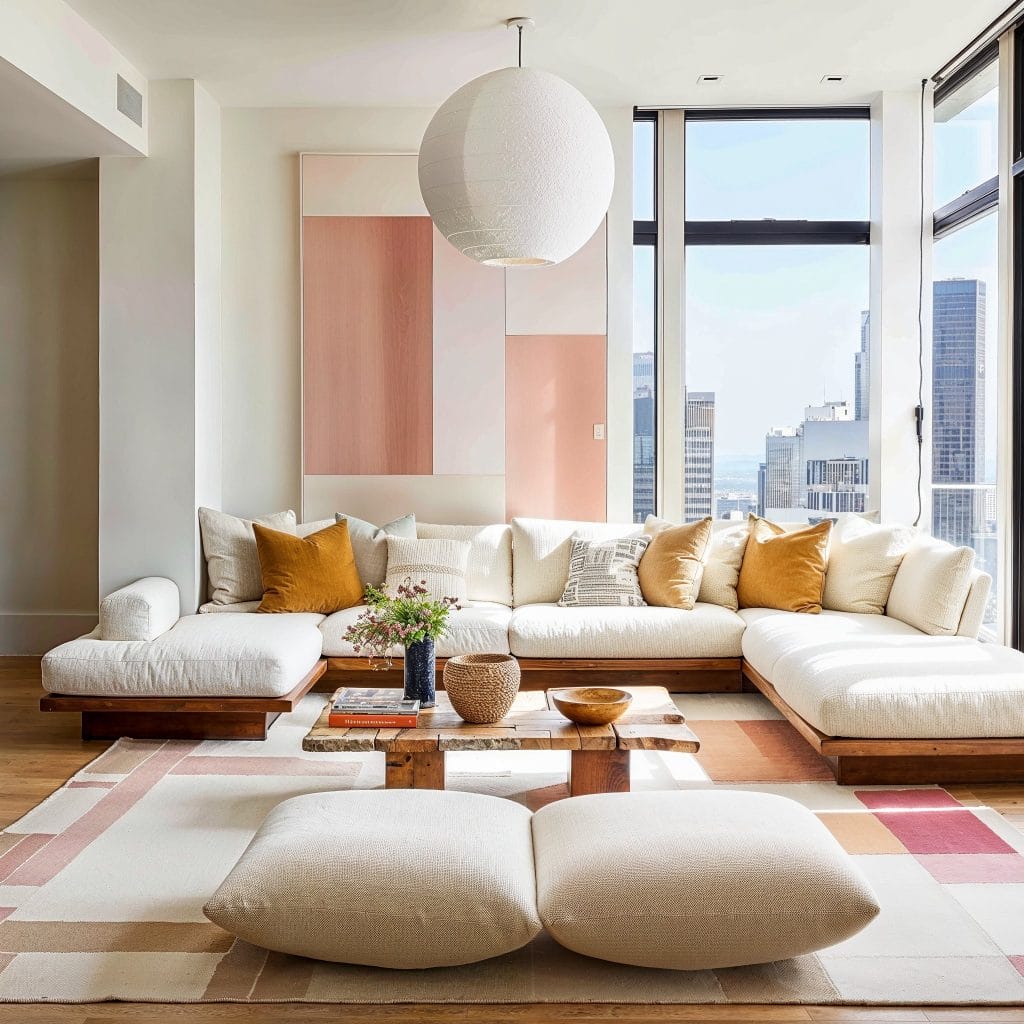 White oversized globe pendant in a living room by Decorilla