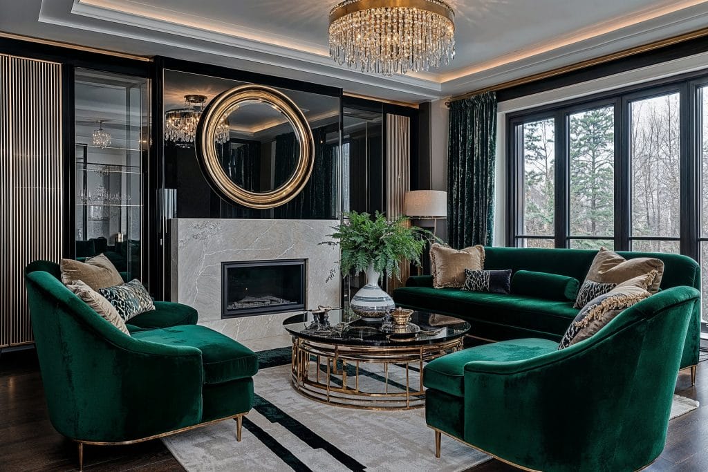 Sparkling statement flush mount lighting in an Art Deco living room by Decorilla