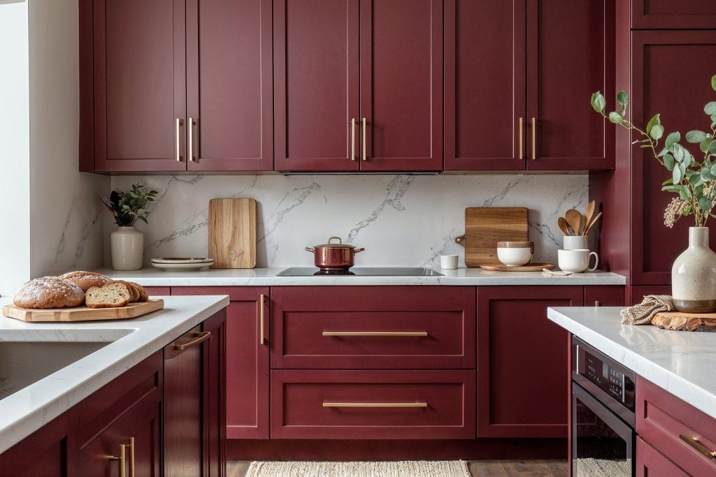 Contemporary kitchen with burgundy colorful cabinets by DECORILLA