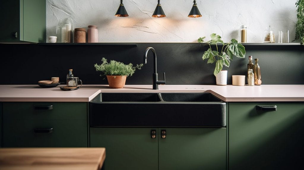 Modern kitchen with green cabinets, by Decorilla