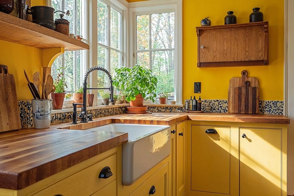 Farmhouse kitchen with golden yellow colorful cabinets by DECORILLA