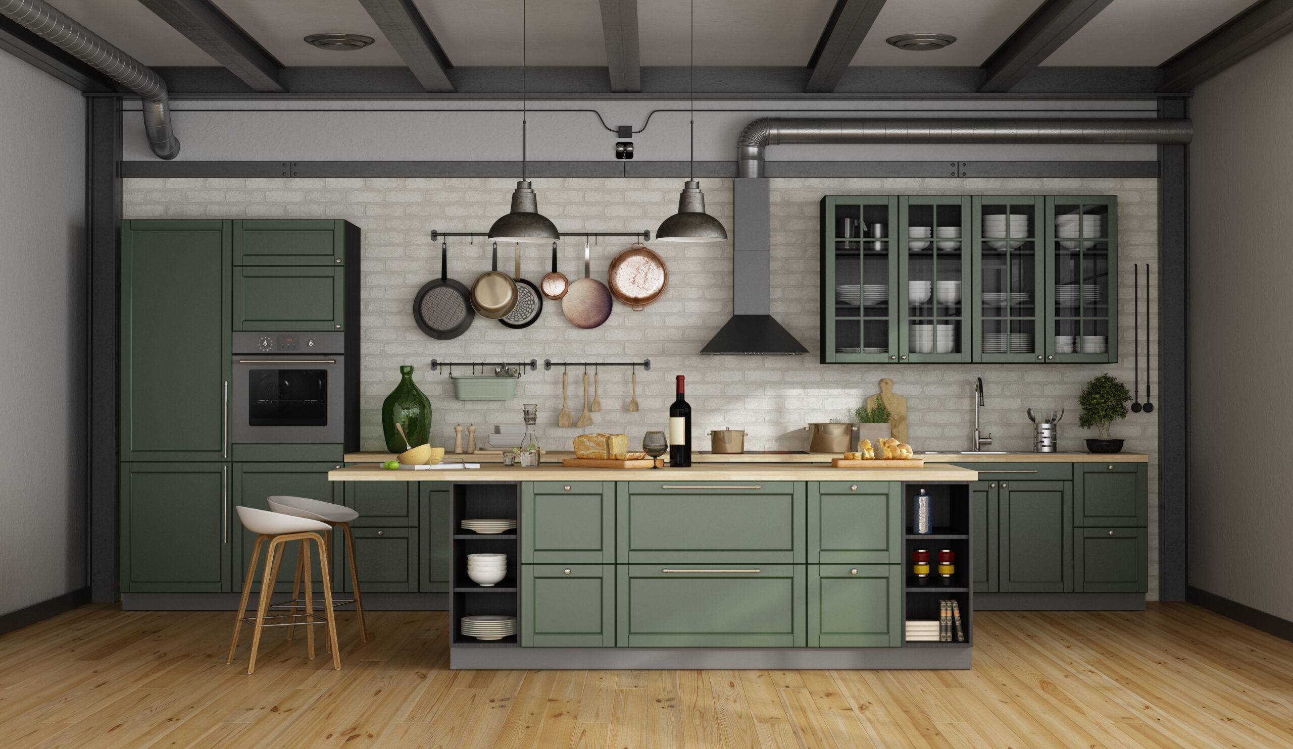 Vintage green kitchen with island in a loft - 3d rendering