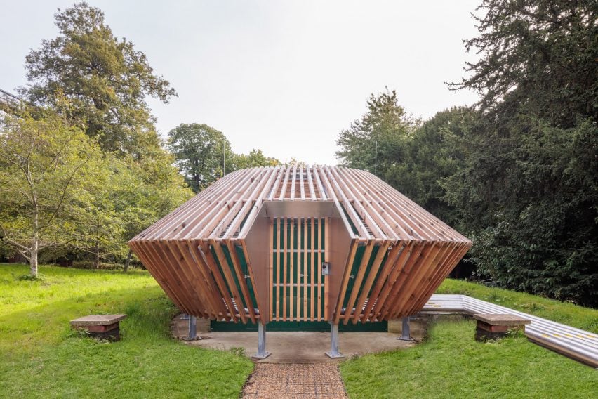 Exterior view of timber irrigation structure by Hugh Broughton Architects