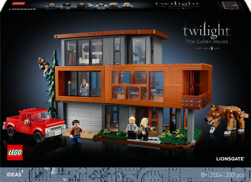 LEGO set of the Cullen House from Twilight, featuring the house, mini-figures, a red truck, and a horse.