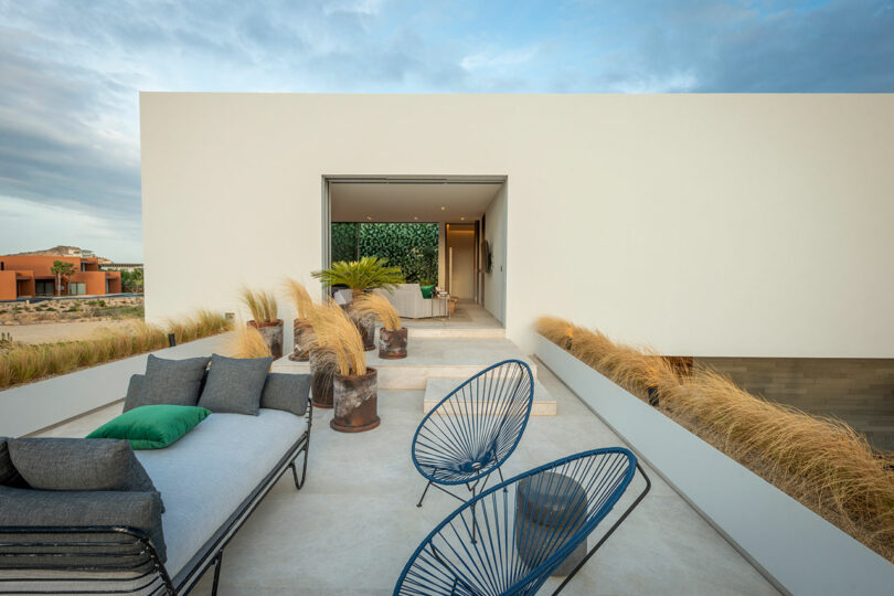 Minimalist patio with modern chairs, a chaise lounge, and potted plants. White building facade with open entryway leading indoors.