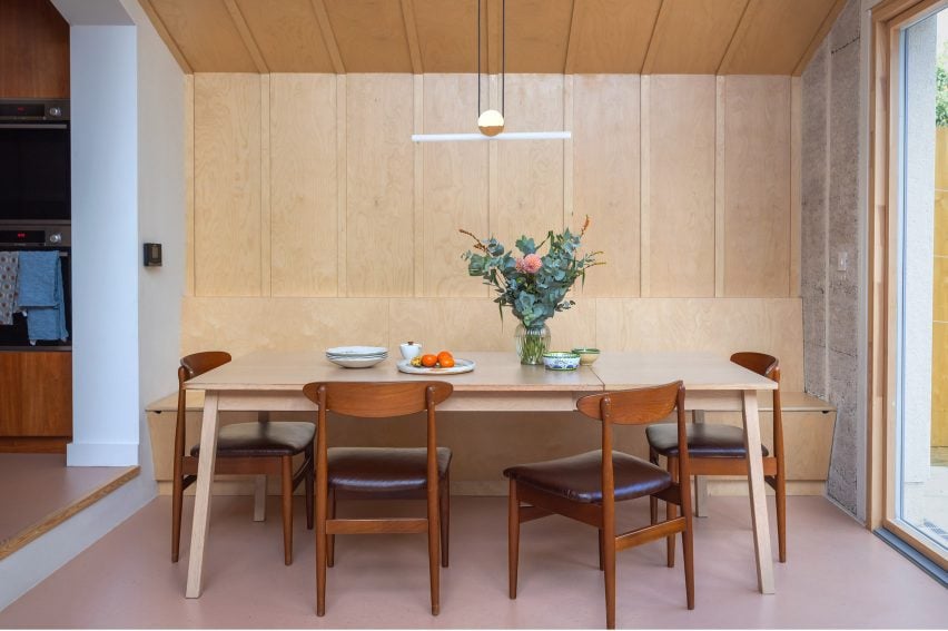 Dining table inside Hemp House extension by Nimtim Architects