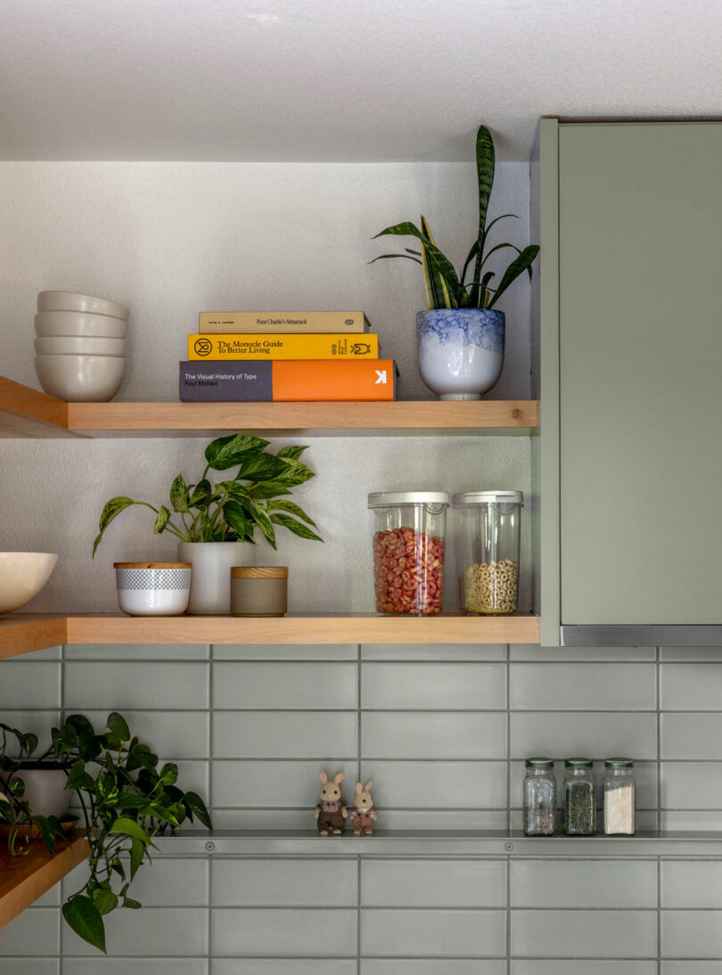 A kitchen area with green cabinets and wooden shelves holding plants, books, bowls, and jars of beans and grains. Two rabbit figurines sit on the counter.