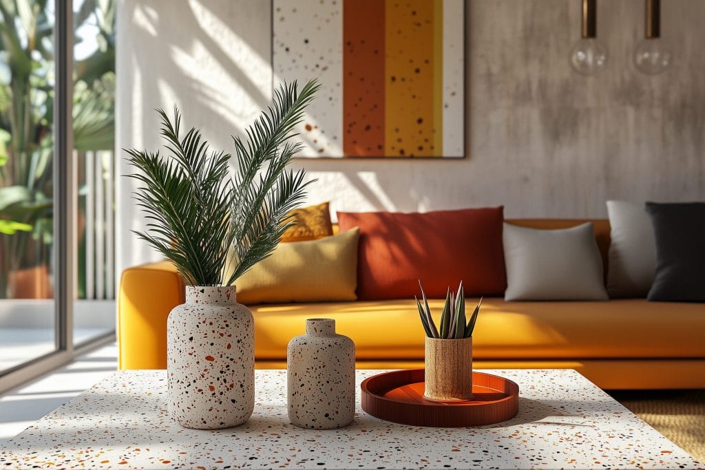 Terrazzo decor pieces in a modern living room by DECORILLA