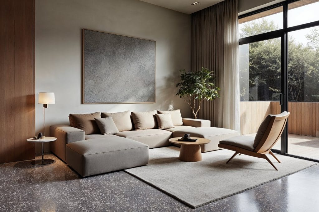 Modern living room with dark terrazzo flooring, by DECORILLA