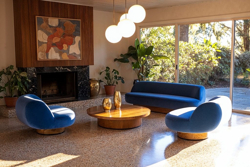 Mid century living room terrazzo floor ideas by DECORILLA