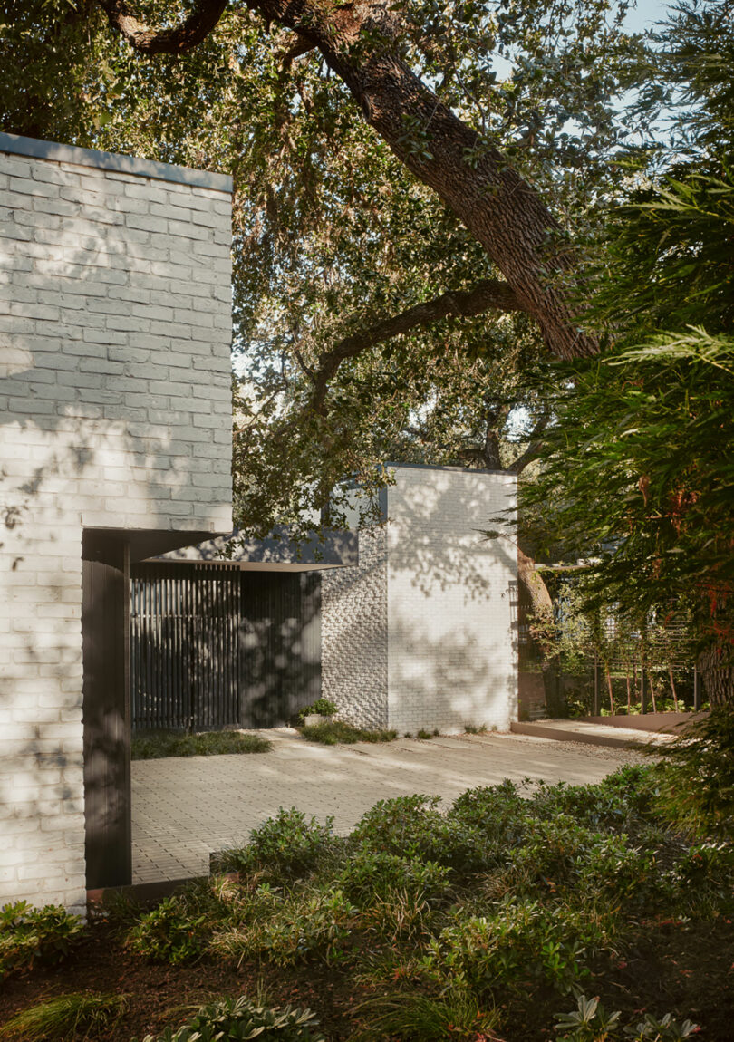 Modern white brick building with rectangular design, surrounded by trees and greenery under dappled sunlight.