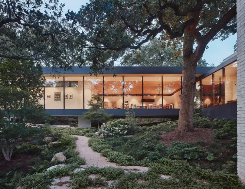 Modern glass-walled house surrounded by lush greenery and trees, with a winding gravel path leading to the entrance. Interior lights highlight the minimalist design inside.