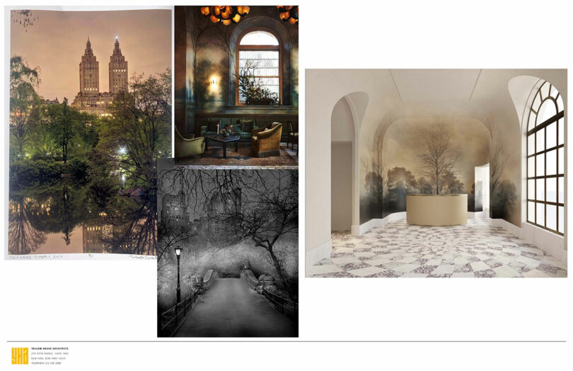 Collage of three landscape photos and an interior photo with patterned floor and large windows. Upper left showcases lit towers at night, upper middle a cozy room, lower left a foggy path, right an elegant hall akin to Elizabeth Graziolo's sophisticated aesthetic.