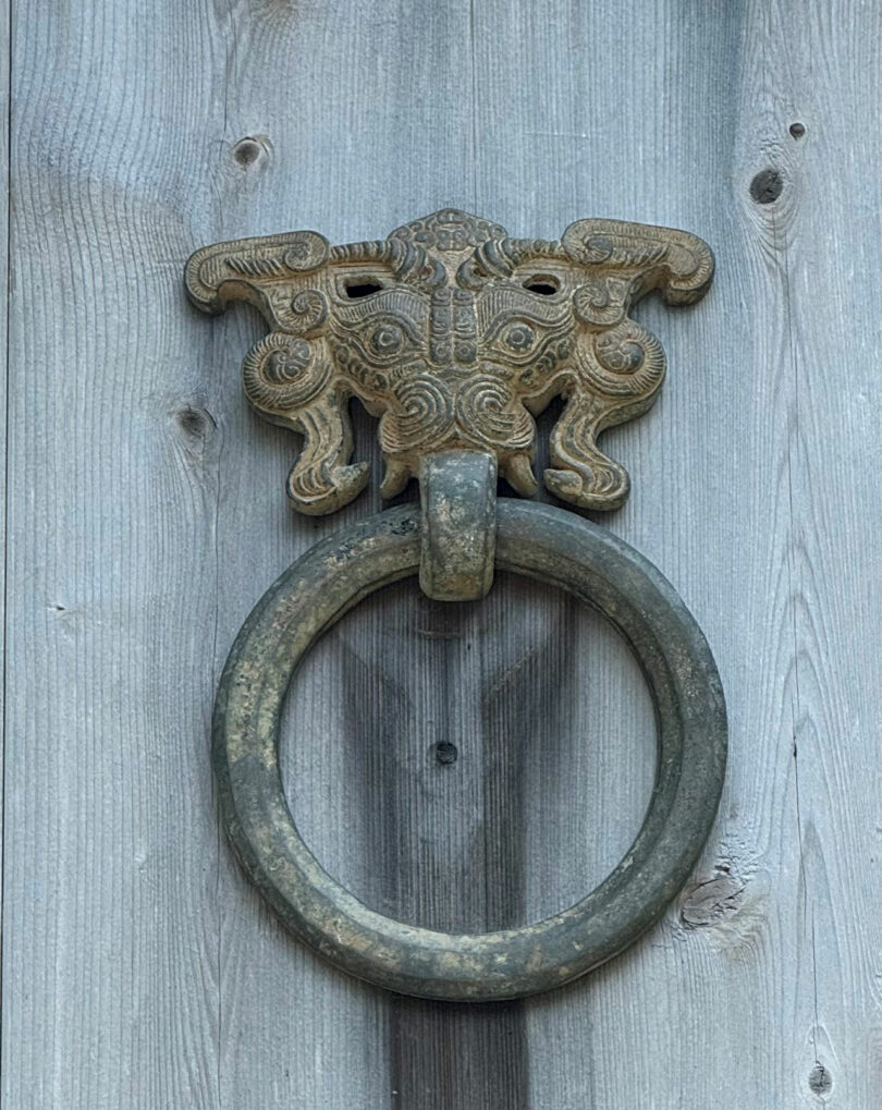 An ornate metal door knocker, reminiscent of an Elizabeth Graziolo design, showcases a decorative, intricate pattern mounted on a wooden surface.