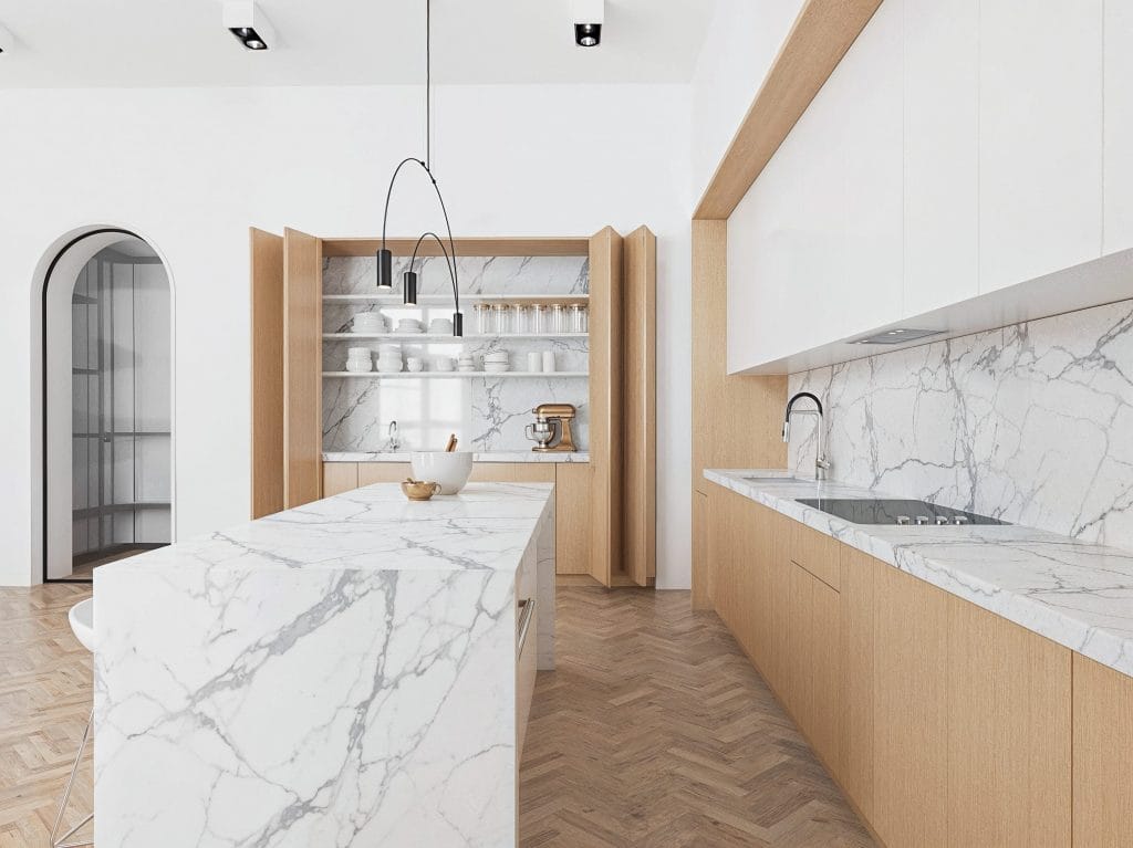 Modern minimal hidden kitchen design by DECORILLA Marya W.