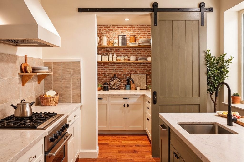 Modern farmhouse hidden prep kitchen design by DECORILLA