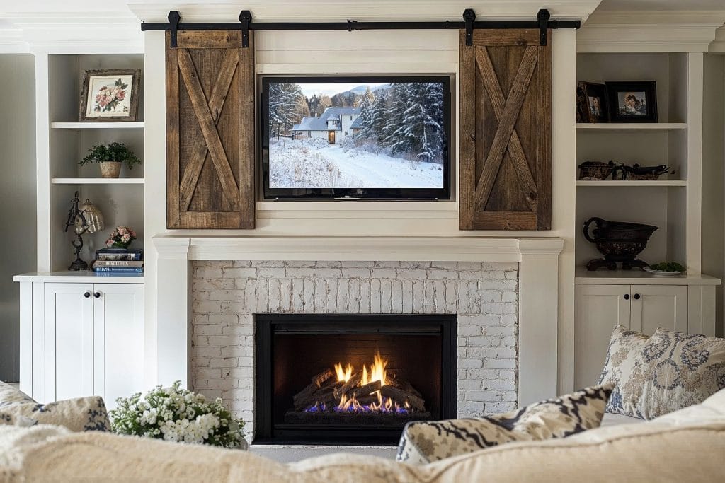 Modern farmhouse decor around a TV by Decorilla