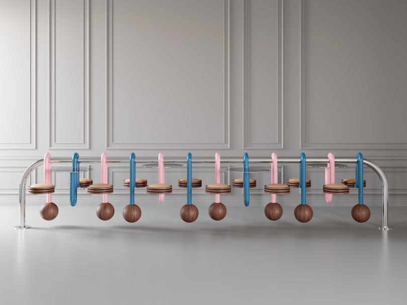 communal bar seating featuring a series of pink and blue tubes with wooden disks and spheres, mounted on a metal frame against a light gray wall