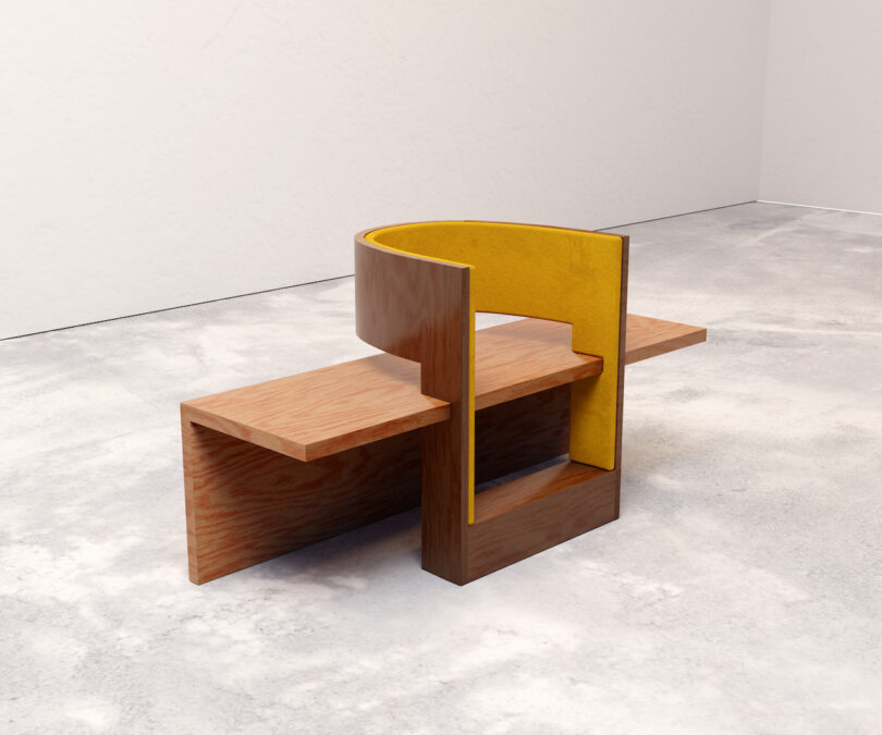 A modern, abstract wooden chair with angular design and a yellow upholstered backrest, set on a gray concrete floor