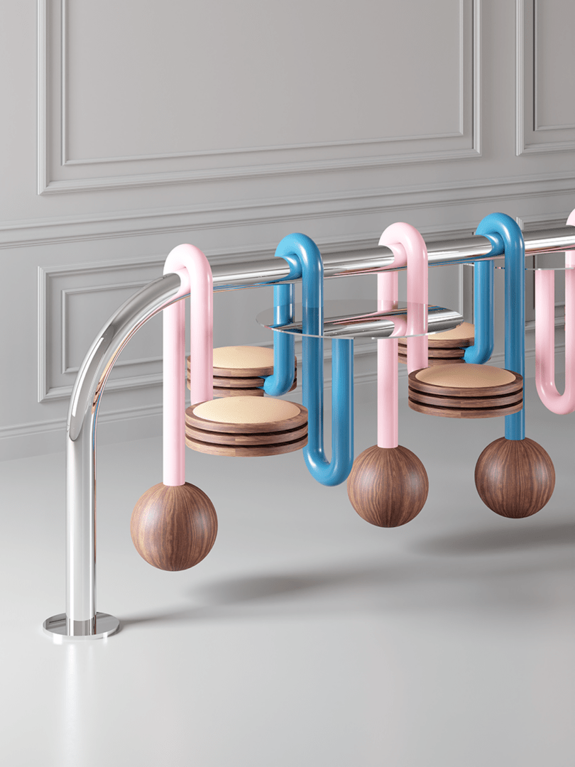 communal bar seating featuring a series of pink and blue tubes with wooden disks and spheres, mounted on a metal frame against a light gray wall