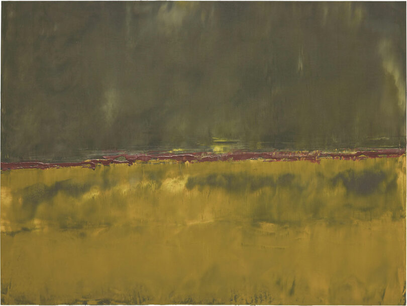 Abstract painting with a blurred horizontal division; dark green upper half and yellow lower half, separated by a reddish-brown line.