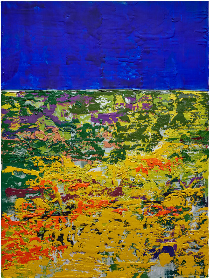 Abstract painting with a blue upper section and a lower section of mixed yellow, orange, green, and purple textured patches.