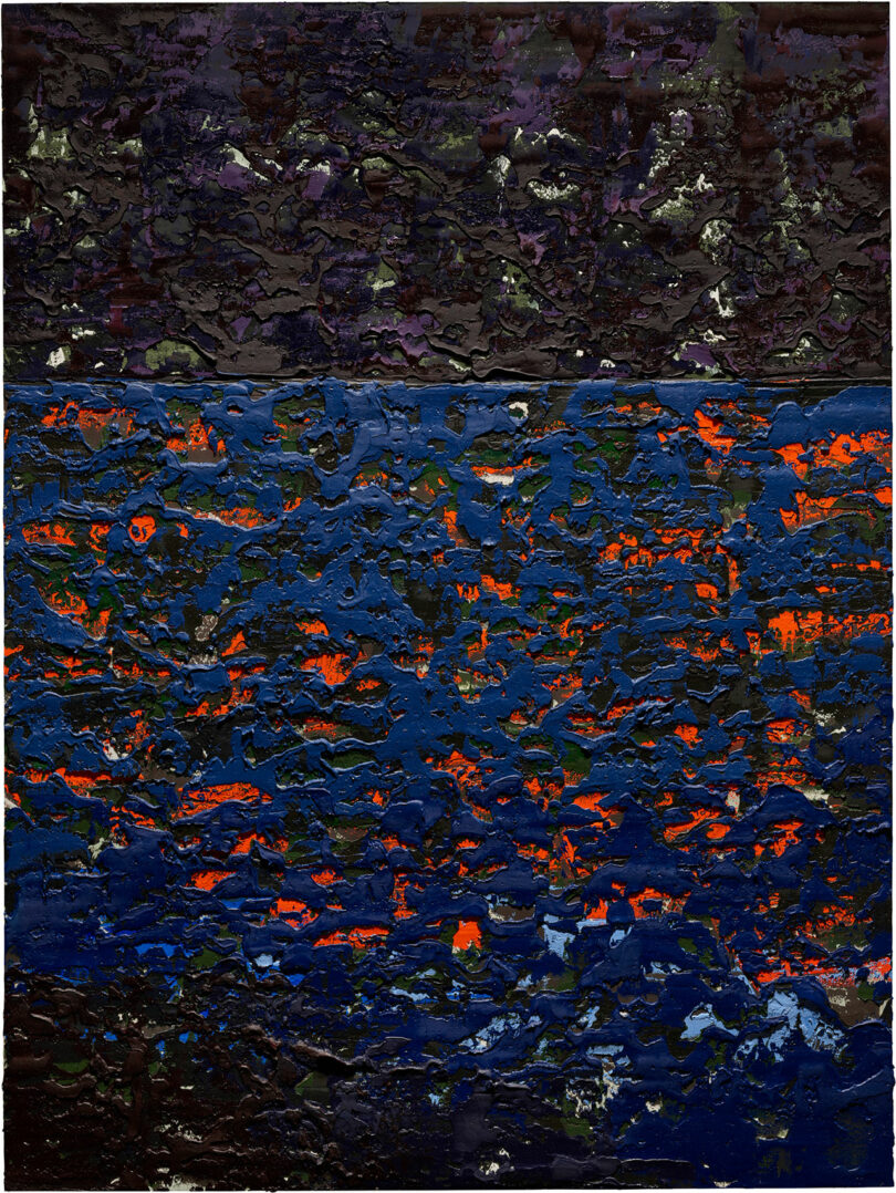 Abstract painting with dark, textured layers. Upper half features purple and black shades, while lower half has blue tones with scattered orange and red markings.