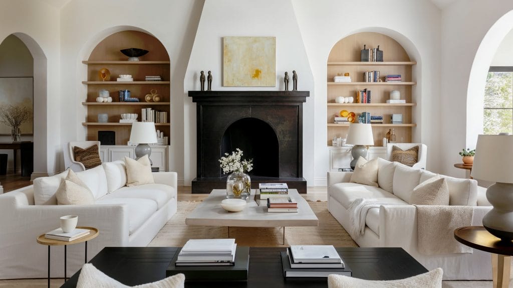 Castlecore living room design ideas with arched alcoves, by Decorilla