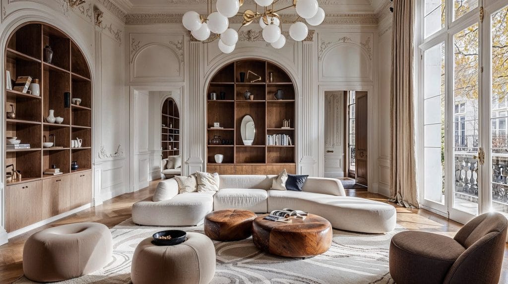 Castlecore living room with a mix of neoclassical and organic vibes, by Decorilla