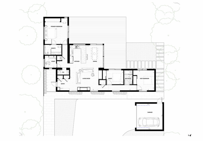 The Shift House floor plan showcases a single-story layout with two bedrooms, two bathrooms, and inviting living and dining areas. It features a modern kitchen and a garage for one car. Steps gracefully lead to an outdoor space surrounded by trees, blending nature with comfort.