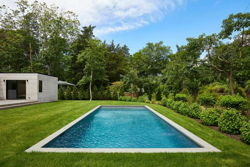 The rectangular swimming pool in the lush green backyard of Shift House is surrounded by trees, with a modern white building elegantly positioned on the left, creating a serene oasis.