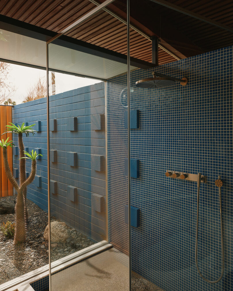 Glass-walled shower with blue mosaic tiles, modern fixtures, and a view of an outdoor area with rocks and a cactus plant.