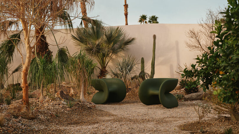 Two modern, curved green outdoor chairs are placed on a gravel patio surrounded by desert plants, including cacti and palm trees, against a light-colored wall.