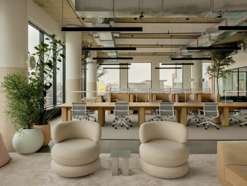 Modern open-plan office with large windows, rows of wooden desks and gray office chairs, indoor plants, and two beige lounge chairs in the foreground.